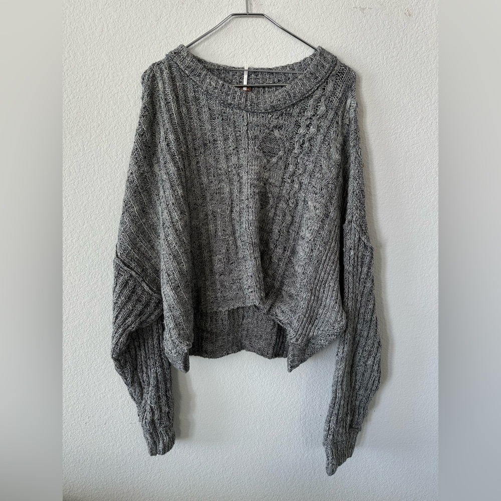 Free People Gray Cropped Cable-Knit Scoop Neck Sweater